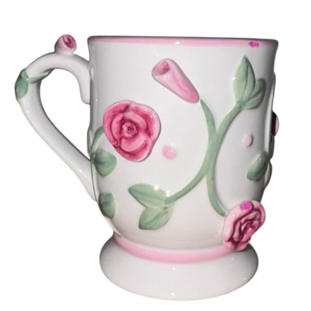 Burton & Burton Pink Rose Ceramic Mug 3D Floral Pattern Hand Wash Only 4.25" Tal